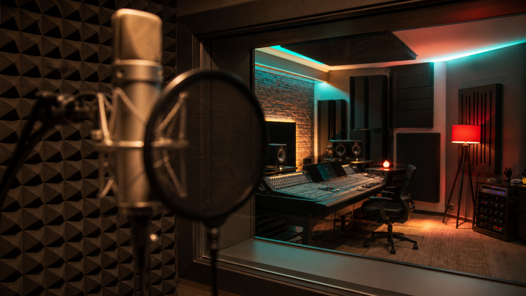 Cabina di regia dello studio Microfono con microfono a condensatore, filtro anti-pop e pannelli fonoassorbenti a Gorizia