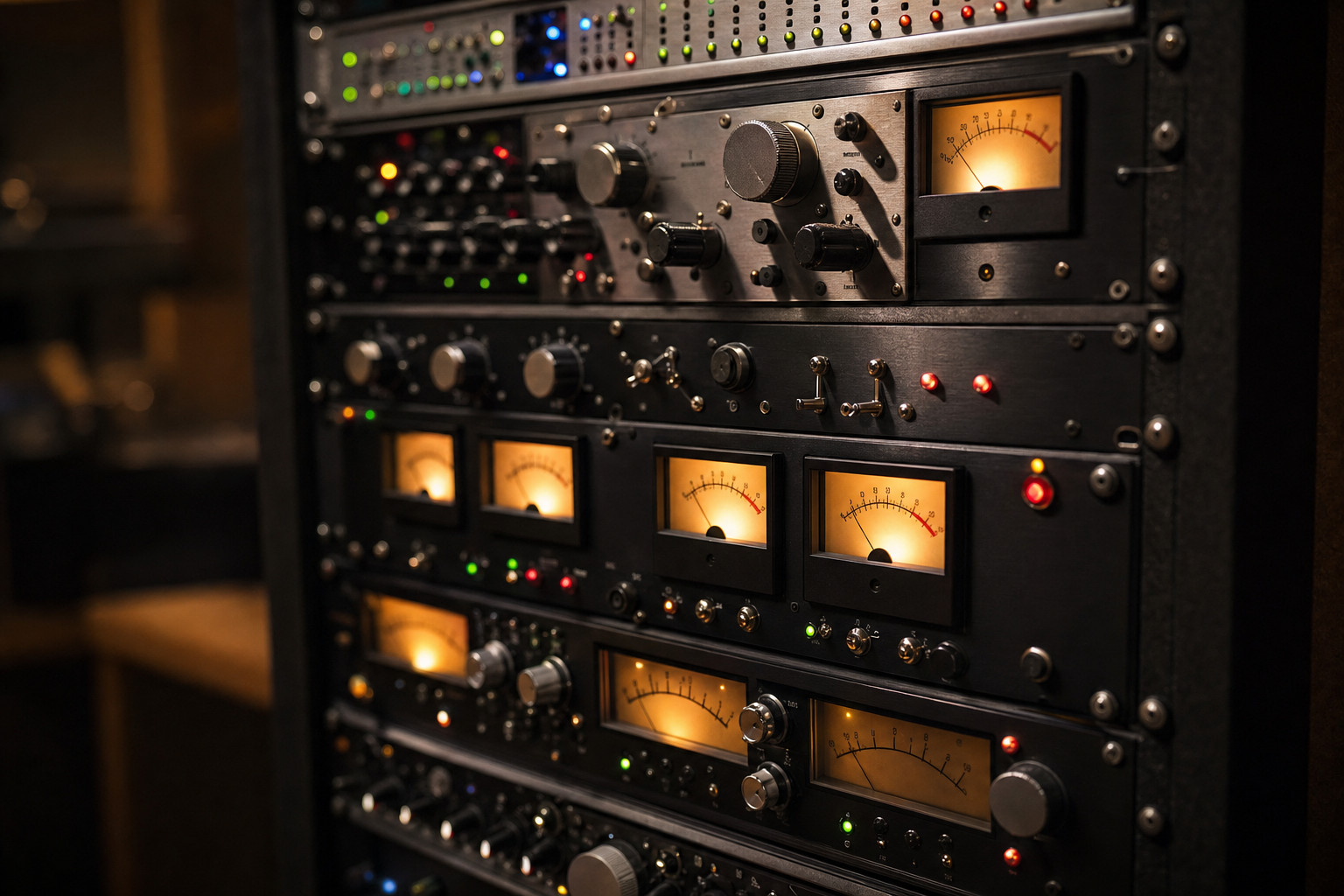 Rack di preamplificatori e processori audio outboard nello studio Microfono a Gorizia