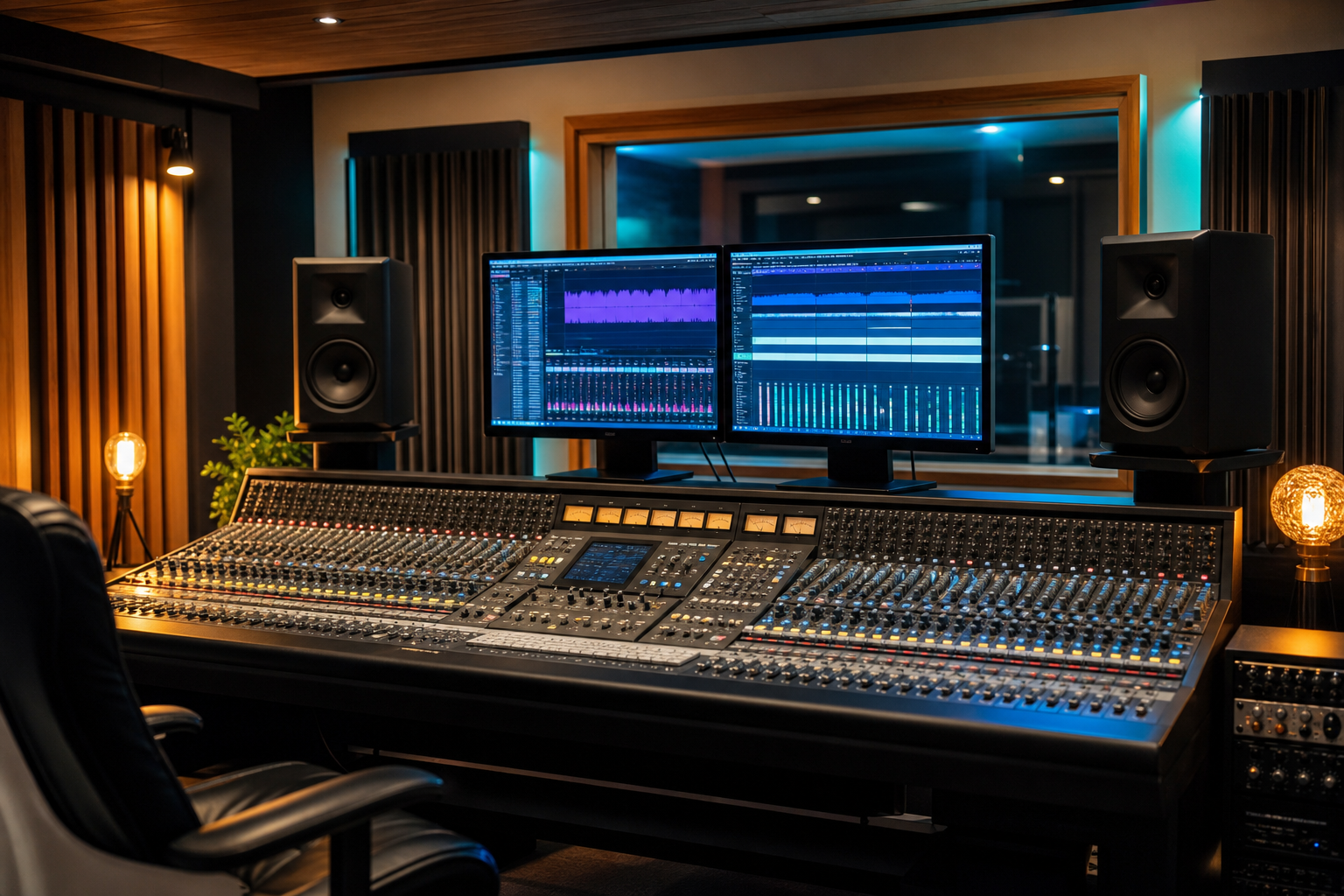 Sala regia con schermi e controller di missaggio audio dello studio Microfono a Gorizia